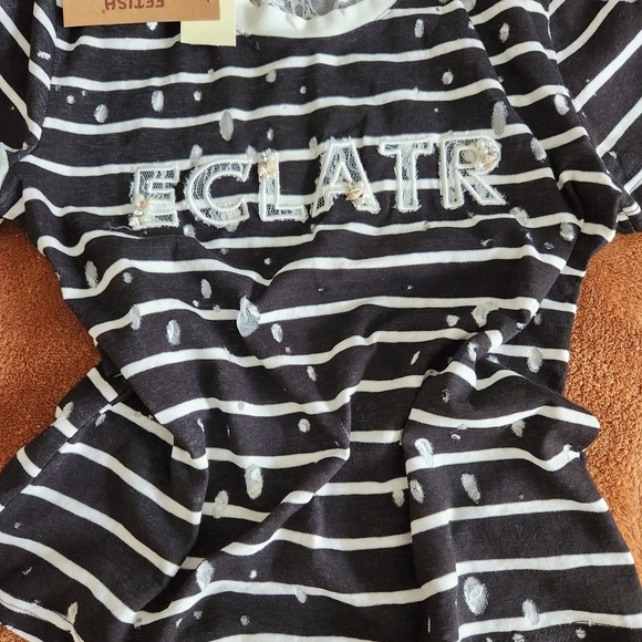 Tops - Black and White Striped T-Shirt with Lace Details